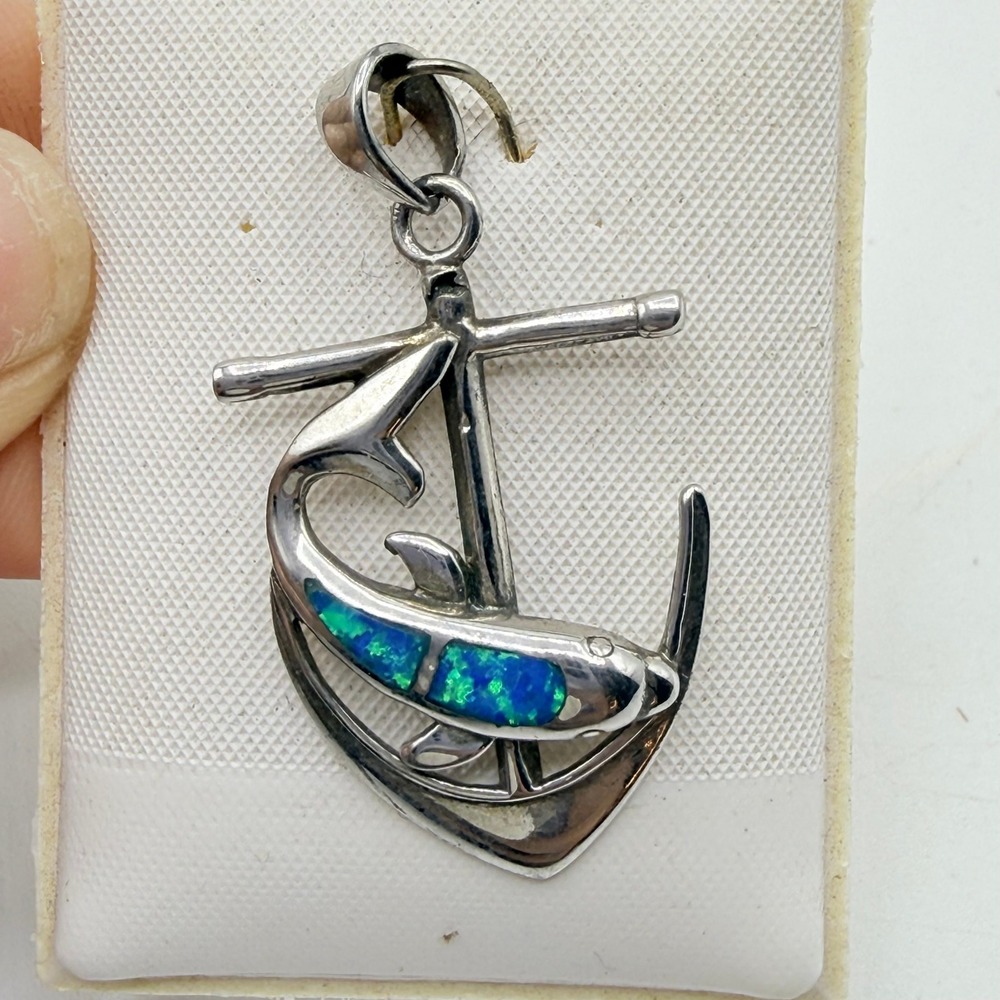 925 Sterling‎ Silver Dolphin Anchor Pendant Blue Lab Opal Nautical Jewelry